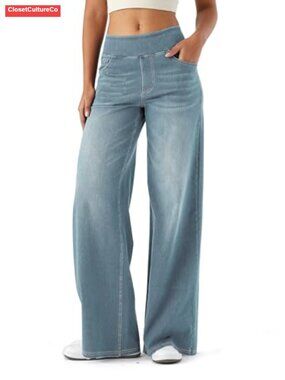 High Waisted Wide Leg Jeans for Women Tummy Control Pull On Denim Pants
